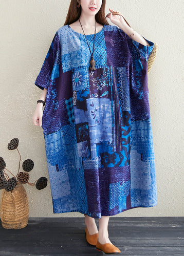 Plus Size Blue O Neck Print Pockets Cotton Long Dress Summer