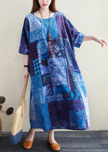 Load image into Gallery viewer, Plus Size Blue O Neck Print Pockets Cotton Long Dress Summer