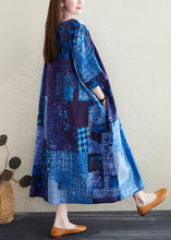 Load image into Gallery viewer, Plus Size Blue O Neck Print Pockets Cotton Long Dress Summer