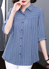 Load image into Gallery viewer, Plus Size Blue Peter Pan Collar Striped Patchwork Cotton Shirt Tops Summer