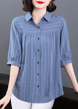 Load image into Gallery viewer, Plus Size Blue Peter Pan Collar Striped Patchwork Cotton Shirt Tops Summer