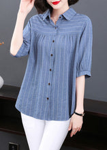 Load image into Gallery viewer, Plus Size Blue Peter Pan Collar Striped Patchwork Cotton Shirt Tops Summer