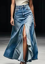 Load image into Gallery viewer, Plus Size Blue Pockets Side Open Denim Maxi Skirts Summer