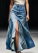 Load image into Gallery viewer, Plus Size Blue Pockets Side Open Denim Maxi Skirts Summer