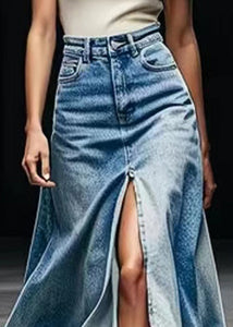 Plus Size Blue Pockets Side Open Denim Maxi Skirts Summer