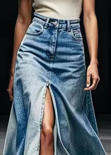 Load image into Gallery viewer, Plus Size Blue Pockets Side Open Denim Maxi Skirts Summer