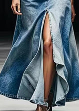 Load image into Gallery viewer, Plus Size Blue Pockets Side Open Denim Maxi Skirts Summer