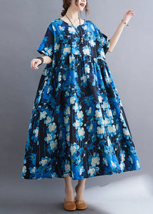 Plus Size Blue Print Patchwork Vacation Maxi Dresses Short Sleeve