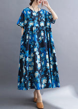 Load image into Gallery viewer, Plus Size Blue Print Patchwork Vacation Maxi Dresses Short Sleeve