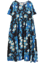 Load image into Gallery viewer, Plus Size Blue Print Patchwork Vacation Maxi Dresses Short Sleeve