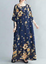 Load image into Gallery viewer, Plus Size Blue Print Pockets Cotton Long Dresses Half Sleeve