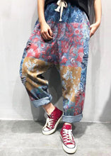 Load image into Gallery viewer, Plus Size Blue Print Tie Waist Ripped Wide Leg Pants Summer