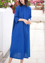 Load image into Gallery viewer, Plus Size Blue Stand Collar Button Cotton Dresses Bracelet Sleeve