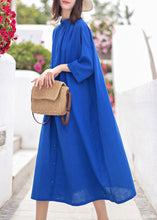 Load image into Gallery viewer, Plus Size Blue Stand Collar Button Cotton Dresses Bracelet Sleeve