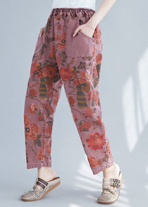 Plus Size Brick Red Elastic Waist Print Cotton Denim Pants Spring