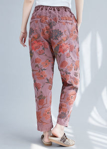 Plus Size Brick Red Elastic Waist Print Cotton Denim Pants Spring