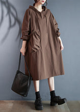 Load image into Gallery viewer, Plus Size Coffee Hooded Pockets Cotton Dress Long Sleeve