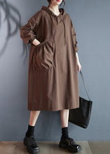 Load image into Gallery viewer, Plus Size Coffee Hooded Pockets Cotton Dress Long Sleeve