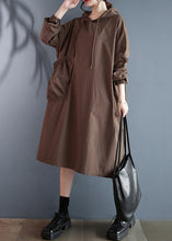 Load image into Gallery viewer, Plus Size Coffee Hooded Pockets Cotton Dress Long Sleeve