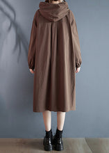 Load image into Gallery viewer, Plus Size Coffee Hooded Pockets Cotton Dress Long Sleeve