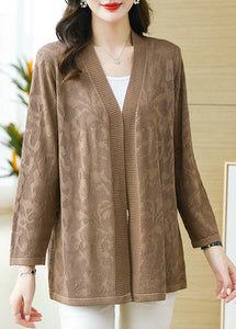 Plus Size Coffee Patchwork Solid Thin Knit Cardigan Long Sleeve