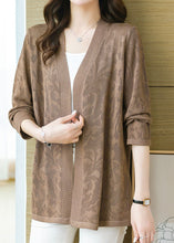 Load image into Gallery viewer, Plus Size Coffee Patchwork Solid Thin Knit Cardigan Long Sleeve