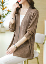 Load image into Gallery viewer, Plus Size Coffee Patchwork Solid Thin Knit Cardigan Long Sleeve