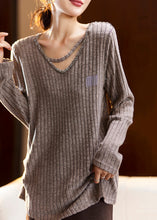 Load image into Gallery viewer, Plus Size Coffee V Neck Nail Bead Patchwork Knit Top Spring