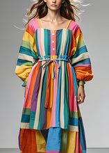 Load image into Gallery viewer, Plus Size Colorblock Square Collar Tie Waist Patchwork Cotton Dress Long Sleeve