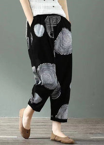 Plus Size Ethnic Style Black Printed Cotton Cropped Pants Summer