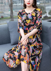 Plus Size Floral O Neck Wrinkled Patchwork Chiffon Dresses Summer