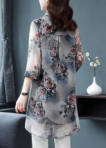 Plus Size Floral Peter Pan Collar Patchwork Chiffon Shirts Summer