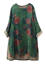 Load image into Gallery viewer, Plus Size Green O-Neck Patchwork Linen Shirts Fall