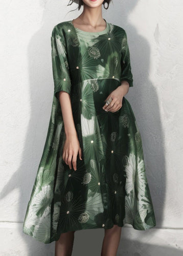 Plus Size Green O Neck Print Cotton Dress Half Sleeve