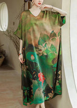 Load image into Gallery viewer, Plus Size Green O Neck Print Silk Long Dresses Summer