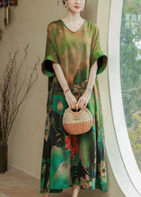 Load image into Gallery viewer, Plus Size Green O Neck Print Silk Long Dresses Summer