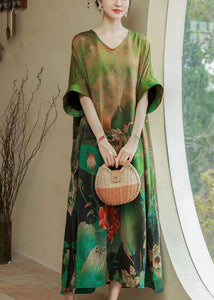 Plus Size Green O Neck Print Silk Long Dresses Summer