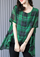 Load image into Gallery viewer, Plus Size Green Plaid Zircon Patchwork Linen T Shirts Summer