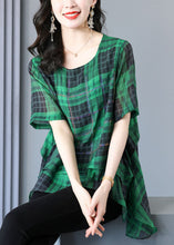 Load image into Gallery viewer, Plus Size Green Plaid Zircon Patchwork Linen T Shirts Summer