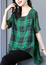 Load image into Gallery viewer, Plus Size Green Plaid Zircon Patchwork Linen T Shirts Summer