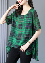 Load image into Gallery viewer, Plus Size Green Plaid Zircon Patchwork Linen T Shirts Summer