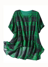 Load image into Gallery viewer, Plus Size Green Plaid Zircon Patchwork Linen T Shirts Summer