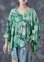 Load image into Gallery viewer, Plus Size Green V Neck Print Linen Shirts Batwing Sleeve