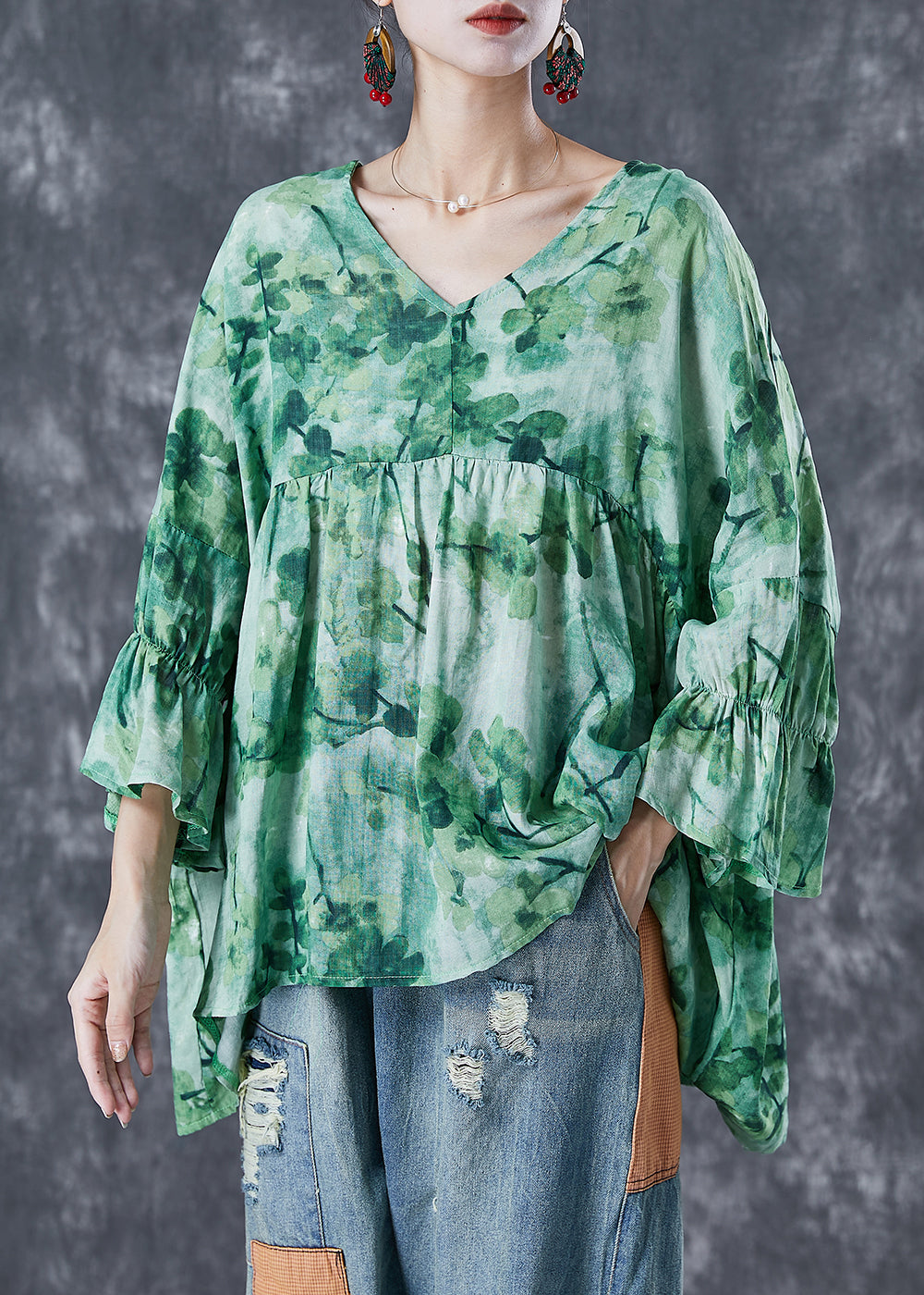 Plus Size Green V Neck Print Linen Shirts Batwing Sleeve