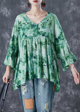 Load image into Gallery viewer, Plus Size Green V Neck Print Linen Shirts Batwing Sleeve