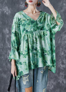 Plus Size Green V Neck Print Linen Shirts Batwing Sleeve