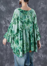 Load image into Gallery viewer, Plus Size Green V Neck Print Linen Shirts Batwing Sleeve