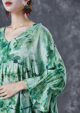 Load image into Gallery viewer, Plus Size Green V Neck Print Linen Shirts Batwing Sleeve