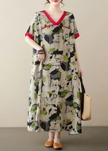 Load image into Gallery viewer, Plus Size Green V Neck Print Patchwork Linen Long Dresses Summer