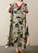 Load image into Gallery viewer, Plus Size Green V Neck Print Patchwork Linen Long Dresses Summer